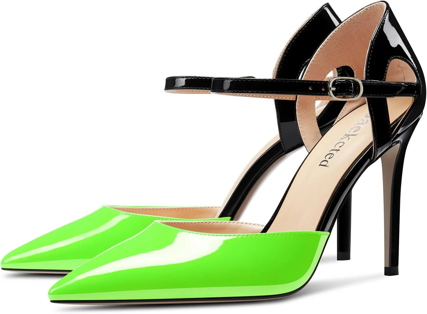 Saekcted Womens Stiletto High Heel Pointed Toe Pumps Ankle Strap Patchwork Party Cute Patent Leather 3.9 Inches Heels