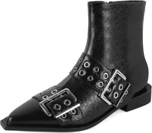 SAMMITOP Women's Ankle Boot Chunky Low Heel Dress Ankle Boots Classic Pointed Toe Side Zipper Chelsea Booties with Metal Buckle Eyelet 1.2 Inch