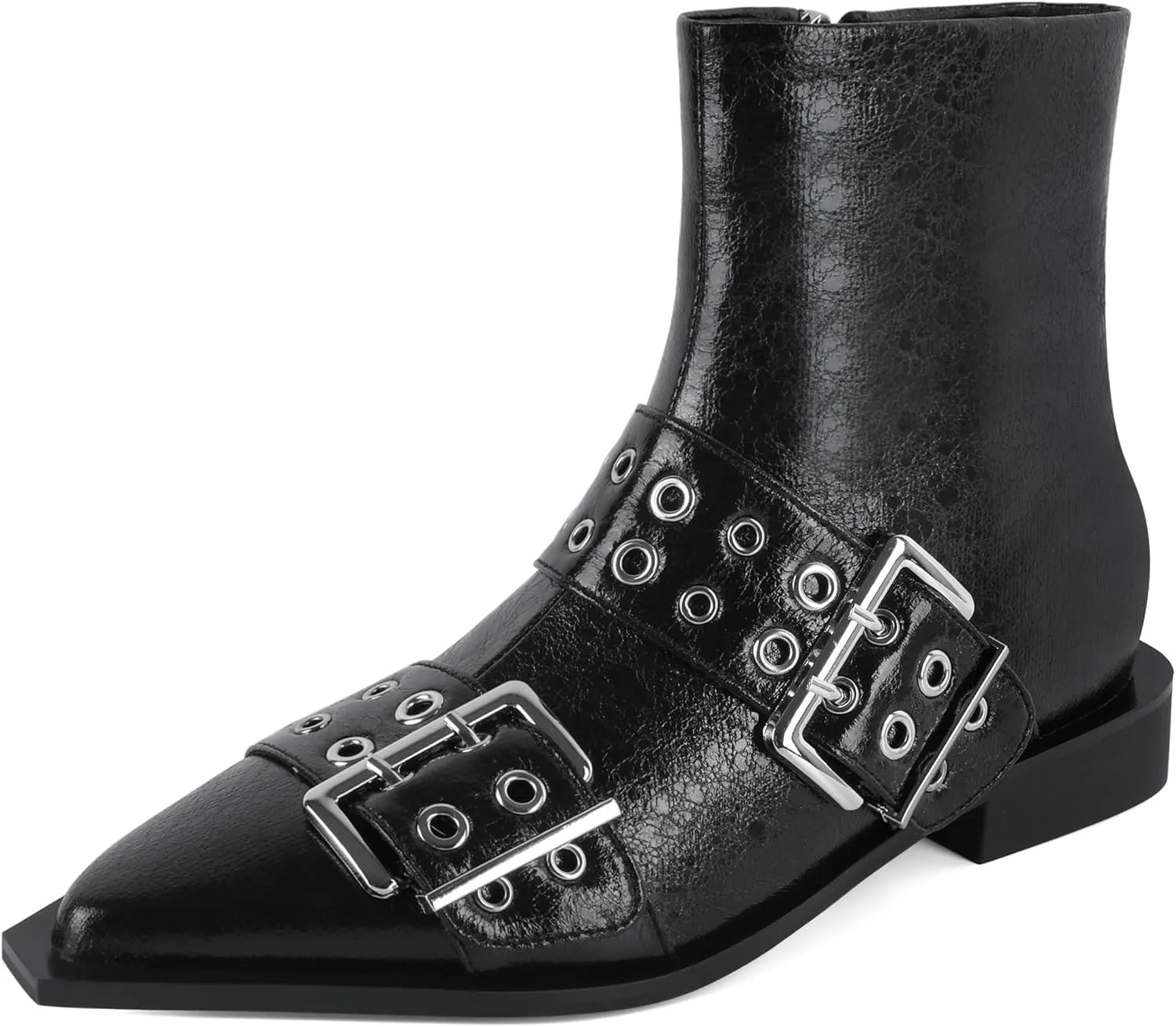 SAMMITOP Women's Ankle Boot Chunky Low Heel Dress Ankle Boots Classic Pointed Toe Side Zipper Chelsea Booties with Metal Buckle Eyelet 1.2 Inch