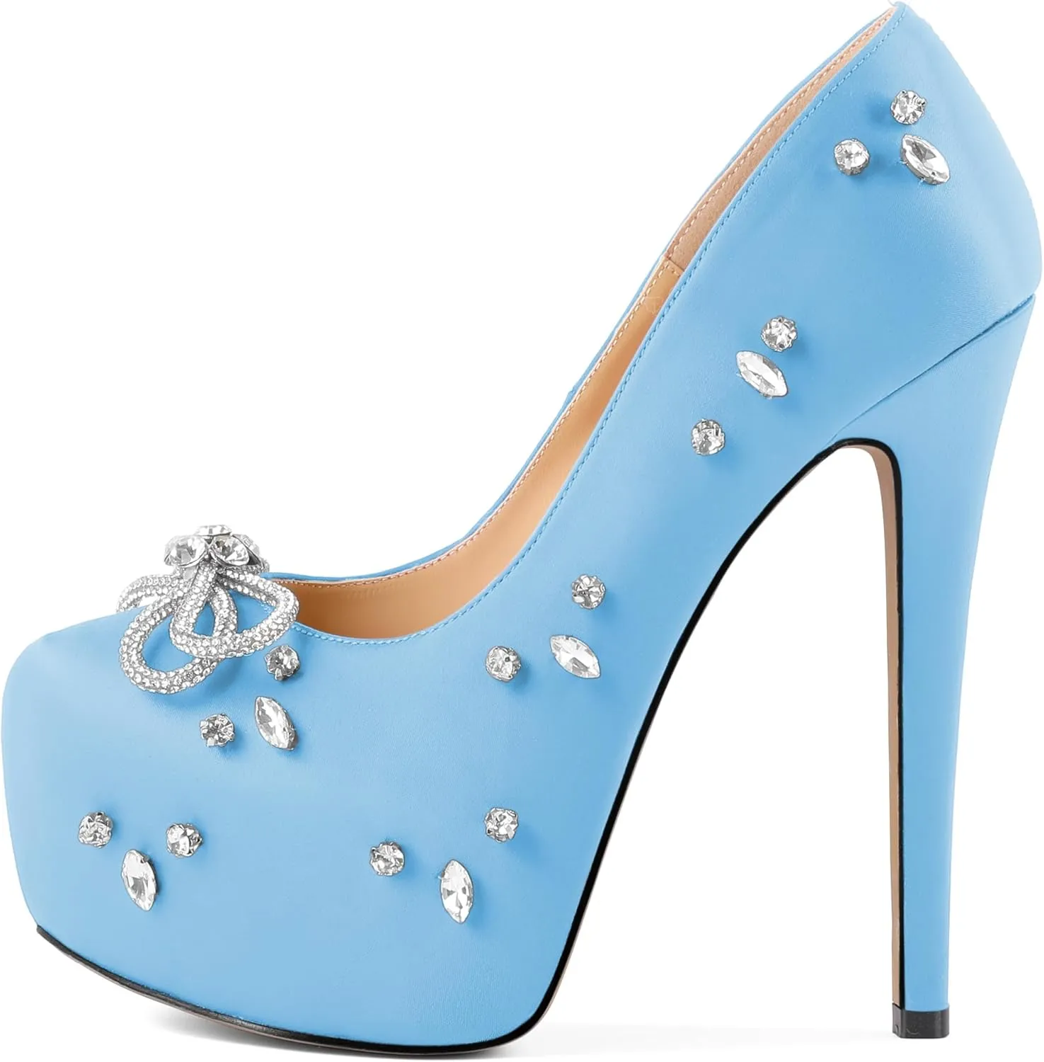 SAMMITOP Women's High Heel Platform Pumps Sparkly Rhinestone Bow Round Closed Toe Stilettos Satin Wedding Bridal Party Dress Pump Shoes 6 Inch