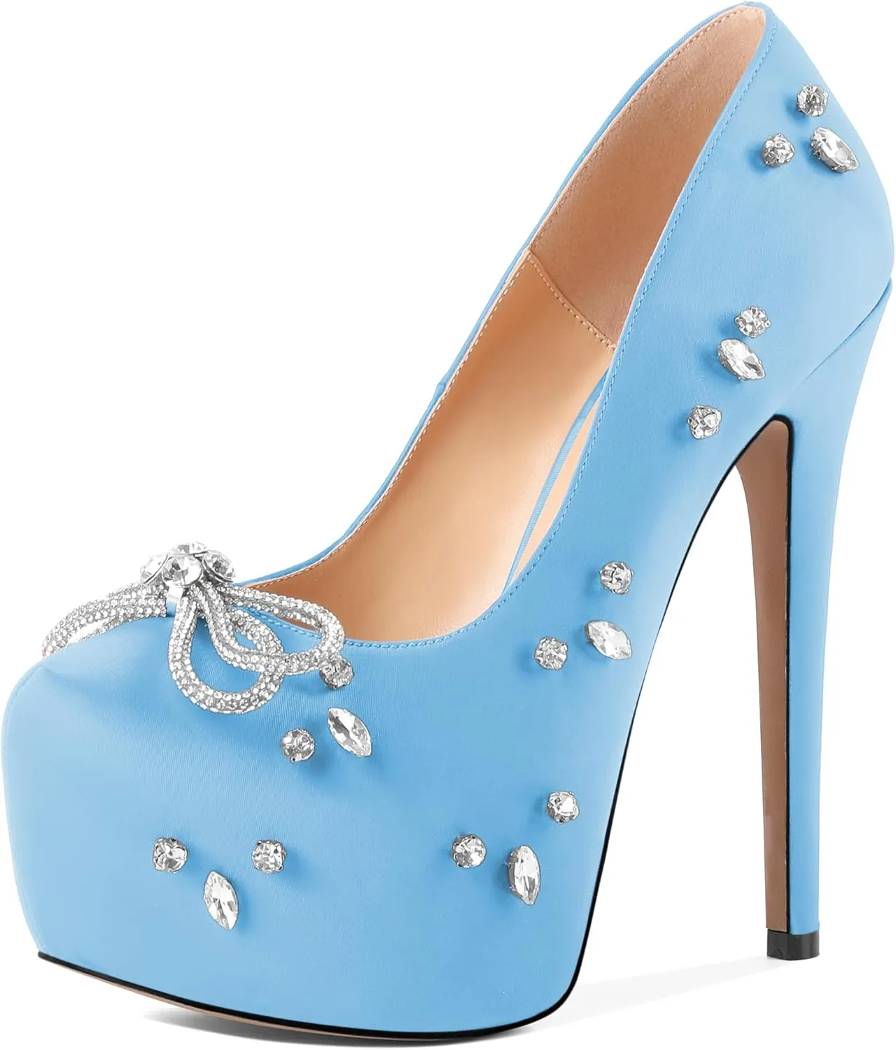 SAMMITOP Women's High Heel Platform Pumps Sparkly Rhinestone Bow Round Closed Toe Stilettos Satin Wedding Bridal Party Dress Pump Shoes 6 Inch
