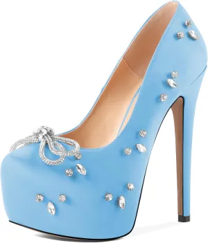 SAMMITOP Women's High Heel Platform Pumps Sparkly Rhinestone Bow Round Closed Toe Stilettos Satin Wedding Bridal Party Dress Pump Shoes 6 Inch