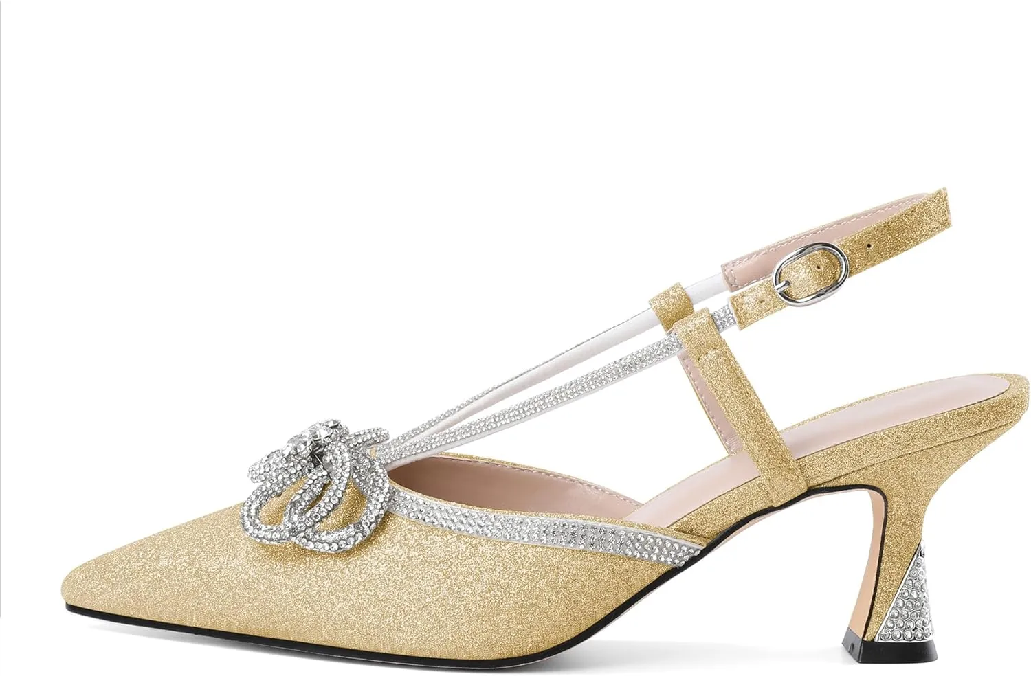 SAMMITOP Women's Slingback Rhinstone Bow Heels Low Kitten Heel Double Bow Pumps Pointed Toe Adjustable Ankle Strap Sparkly Prom Wedding Dress Shoes 2.5 Inch