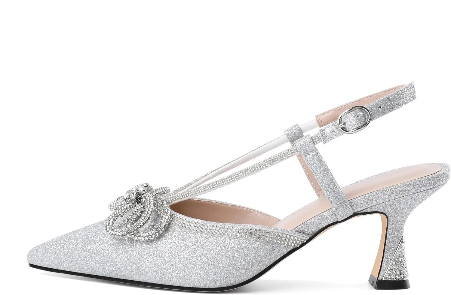SAMMITOP Women's Slingback Rhinstone Bow Heels Low Kitten Heel Double Bow Pumps Pointed Toe Adjustable Ankle Strap Sparkly Prom Wedding Dress Shoes 2.5 Inch