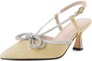 SAMMITOP Women's Slingback Rhinstone Bow Heels Low Kitten Heel Double Bow Pumps Pointed Toe Adjustable Ankle Strap Sparkly Prom Wedding Dress Shoes 2.5 Inch
