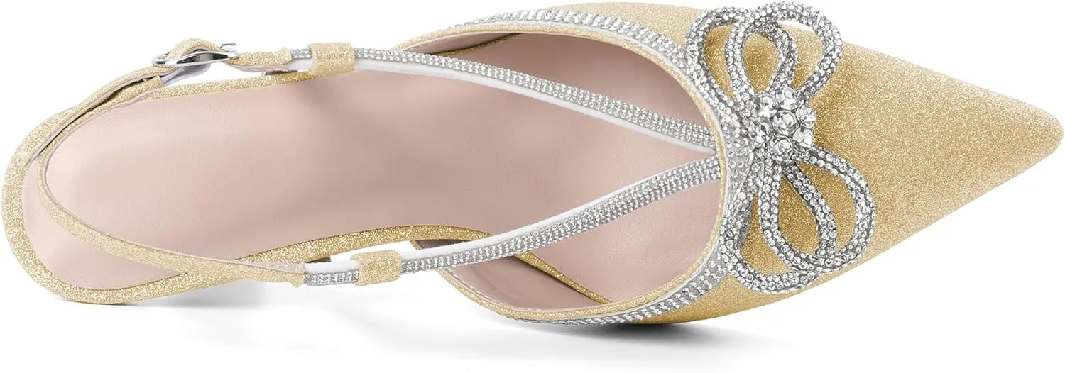 SAMMITOP Women's Slingback Rhinstone Bow Heels Low Kitten Heel Double Bow Pumps Pointed Toe Adjustable Ankle Strap Sparkly Prom Wedding Dress Shoes 2.5 Inch