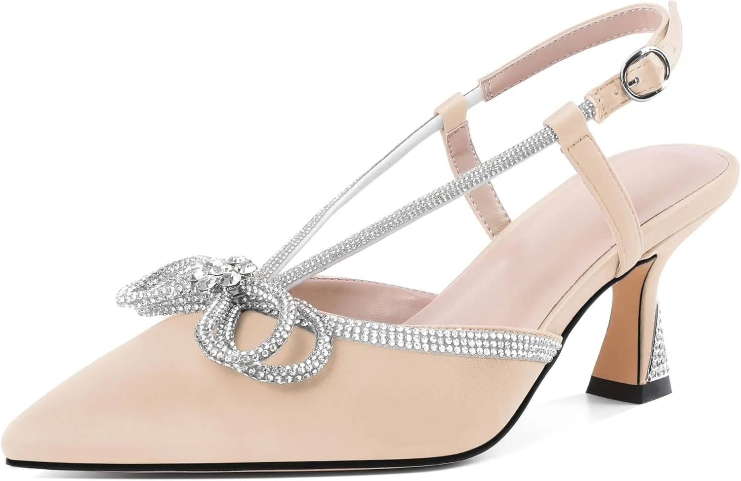 SAMMITOP Women's Slingback Rhinstone Bow Heels Low Kitten Heel Double Bow Pumps Pointed Toe Adjustable Ankle Strap Sparkly Prom Wedding Dress Shoes 2.5 Inch