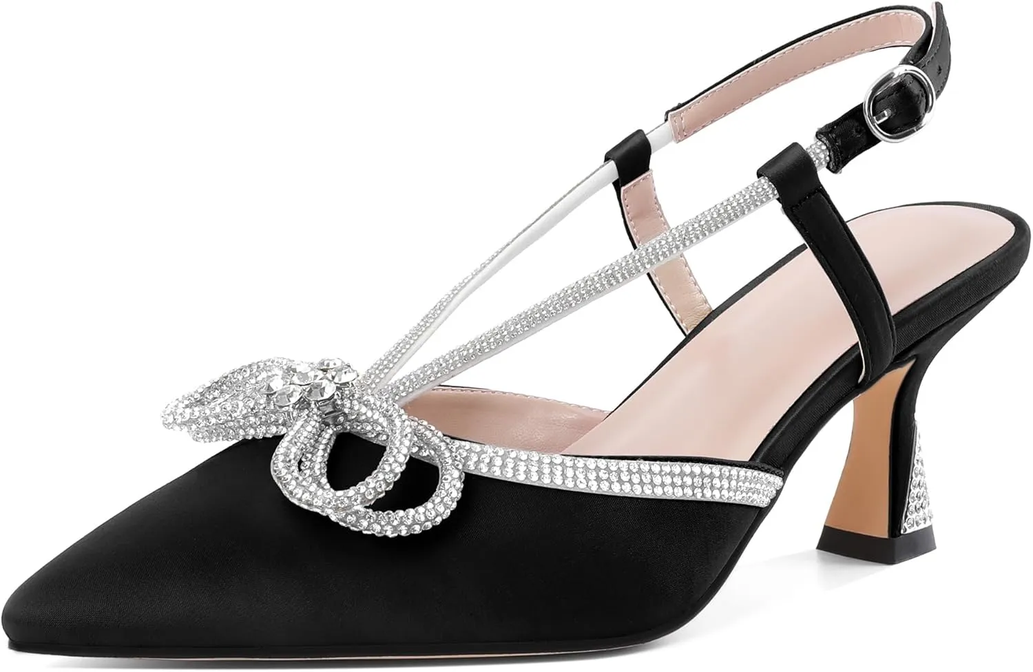 SAMMITOP Women's Slingback Rhinstone Bow Heels Low Kitten Heel Double Bow Pumps Pointed Toe Adjustable Ankle Strap Sparkly Prom Wedding Dress Shoes 2.5 Inch