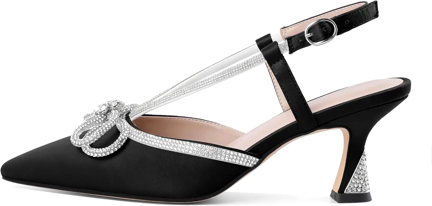 SAMMITOP Women's Slingback Rhinstone Bow Heels Low Kitten Heel Double Bow Pumps Pointed Toe Adjustable Ankle Strap Sparkly Prom Wedding Dress Shoes 2.5 Inch