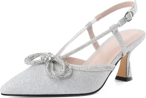 SAMMITOP Women's Slingback Rhinstone Bow Heels Low Kitten Heel Double Bow Pumps Pointed Toe Adjustable Ankle Strap Sparkly Prom Wedding Dress Shoes 2.5 Inch