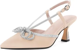 SAMMITOP Women's Slingback Rhinstone Bow Heels Low Kitten Heel Double Bow Pumps Pointed Toe Adjustable Ankle Strap Sparkly Prom Wedding Dress Shoes 2.5 Inch