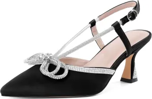 SAMMITOP Women's Slingback Rhinstone Bow Heels Low Kitten Heel Double Bow Pumps Pointed Toe Adjustable Ankle Strap Sparkly Prom Wedding Dress Shoes 2.5 Inch