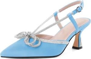 SAMMITOP Women's Slingback Rhinstone Bow Heels Low Kitten Heel Double Bow Pumps Pointed Toe Adjustable Ankle Strap Sparkly Prom Wedding Dress Shoes 2.5 Inch
