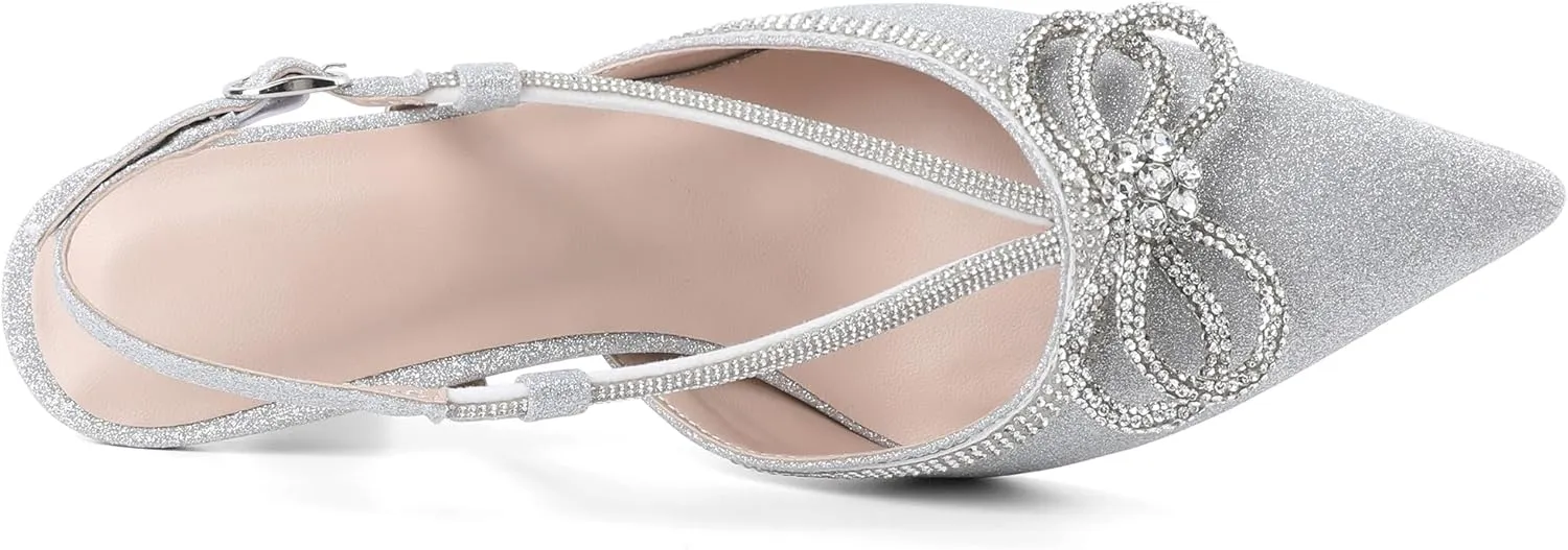 SAMMITOP Women's Slingback Rhinstone Bow Heels Low Kitten Heel Double Bow Pumps Pointed Toe Adjustable Ankle Strap Sparkly Prom Wedding Dress Shoes 2.5 Inch