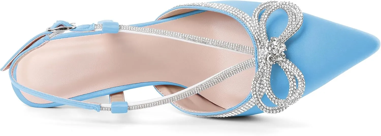 SAMMITOP Women's Slingback Rhinstone Bow Heels Low Kitten Heel Double Bow Pumps Pointed Toe Adjustable Ankle Strap Sparkly Prom Wedding Dress Shoes 2.5 Inch