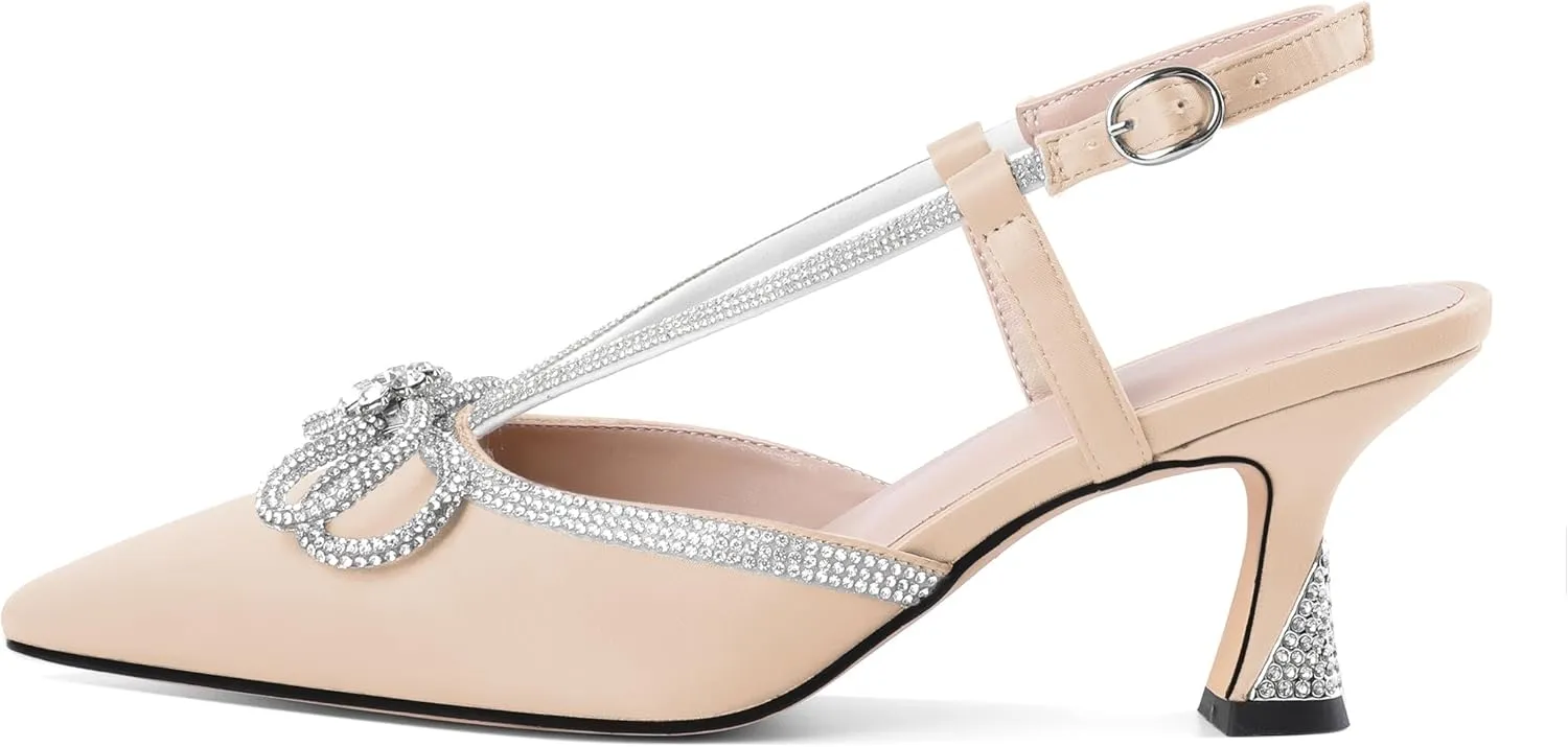 SAMMITOP Women's Slingback Rhinstone Bow Heels Low Kitten Heel Double Bow Pumps Pointed Toe Adjustable Ankle Strap Sparkly Prom Wedding Dress Shoes 2.5 Inch