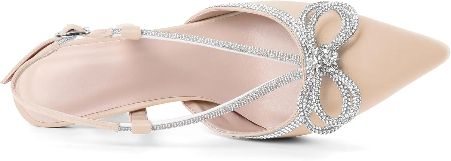 SAMMITOP Women's Slingback Rhinstone Bow Heels Low Kitten Heel Double Bow Pumps Pointed Toe Adjustable Ankle Strap Sparkly Prom Wedding Dress Shoes 2.5 Inch