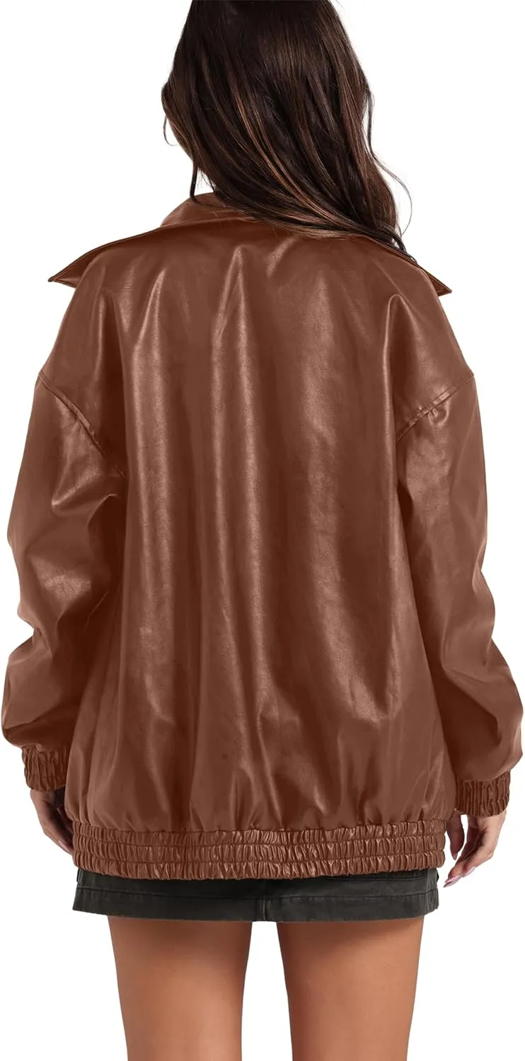 SAMPEEL Leather Jacket Women Faux Oversized Motorcycle Bomber Coats 2024 Fall Fashion Outfits Winter Clothes