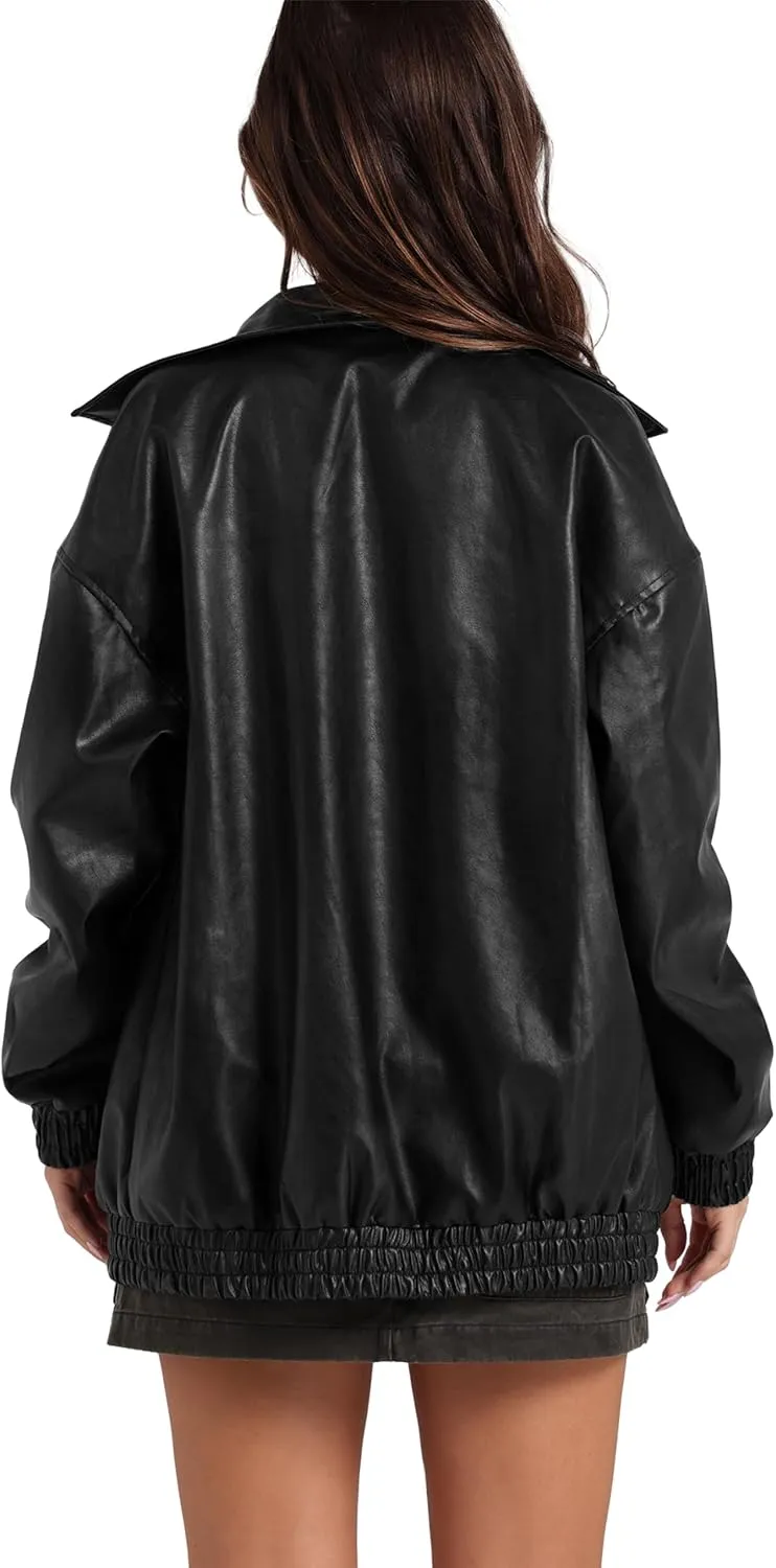 SAMPEEL Leather Jacket Women Faux Oversized Motorcycle Bomber Coats 2024 Fall Fashion Outfits Winter Clothes