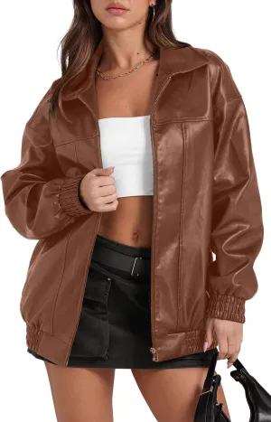 SAMPEEL Leather Jacket Women Faux Oversized Motorcycle Bomber Coats 2024 Fall Fashion Outfits Winter Clothes