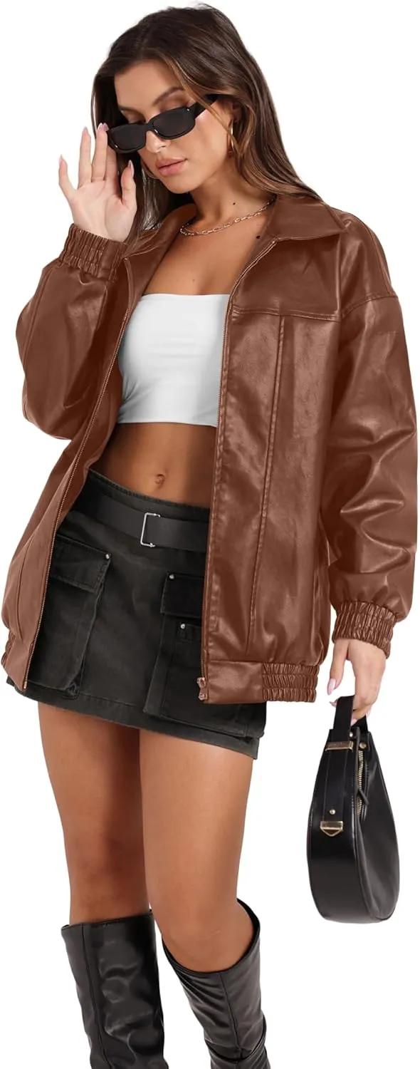 SAMPEEL Leather Jacket Women Faux Oversized Motorcycle Bomber Coats 2024 Fall Fashion Outfits Winter Clothes