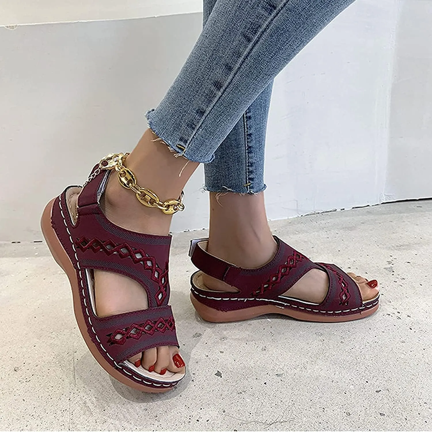 Sandals for Women Summer Open Toe Ankle Strap Platform Shoes Faux Leather Wedge Sandals Hollow Embroidered Comfy Beach Walking Shoes,Red,US5/EU36