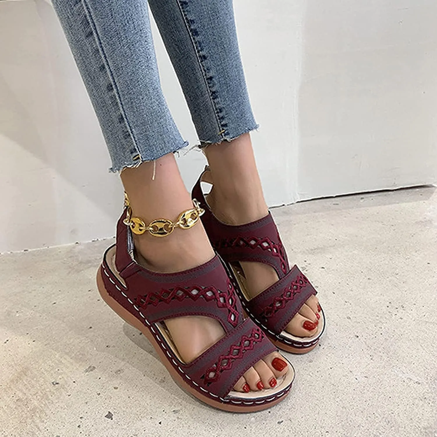 Sandals for Women Summer Open Toe Ankle Strap Platform Shoes Faux Leather Wedge Sandals Hollow Embroidered Comfy Beach Walking Shoes,Red,US5/EU36