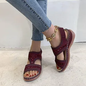 Sandals for Women Summer Open Toe Ankle Strap Platform Shoes Faux Leather Wedge Sandals Hollow Embroidered Comfy Beach Walking Shoes,Red,US5/EU36