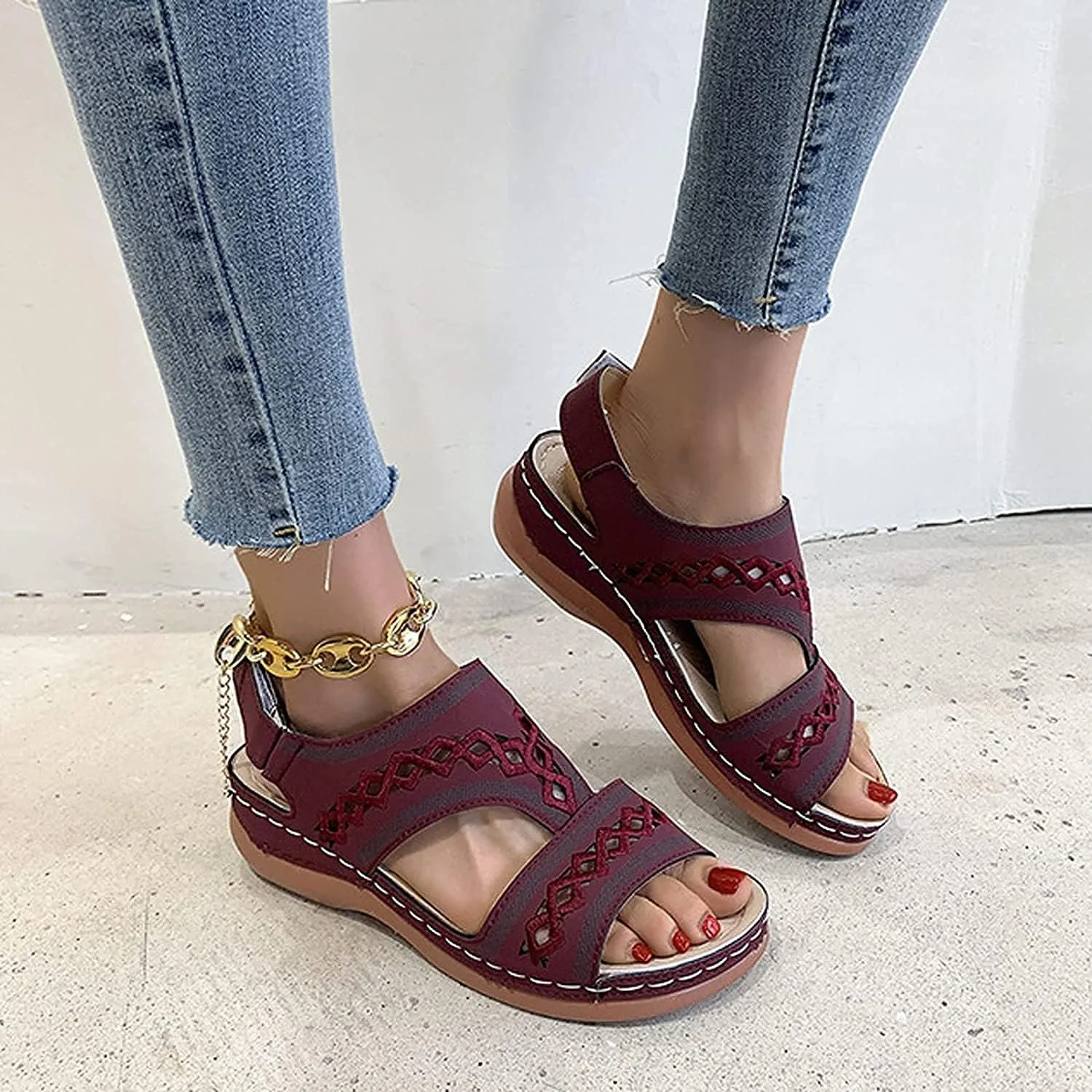Sandals for Women Summer Open Toe Ankle Strap Platform Shoes Faux Leather Wedge Sandals Hollow Embroidered Comfy Beach Walking Shoes,Red,US5/EU36