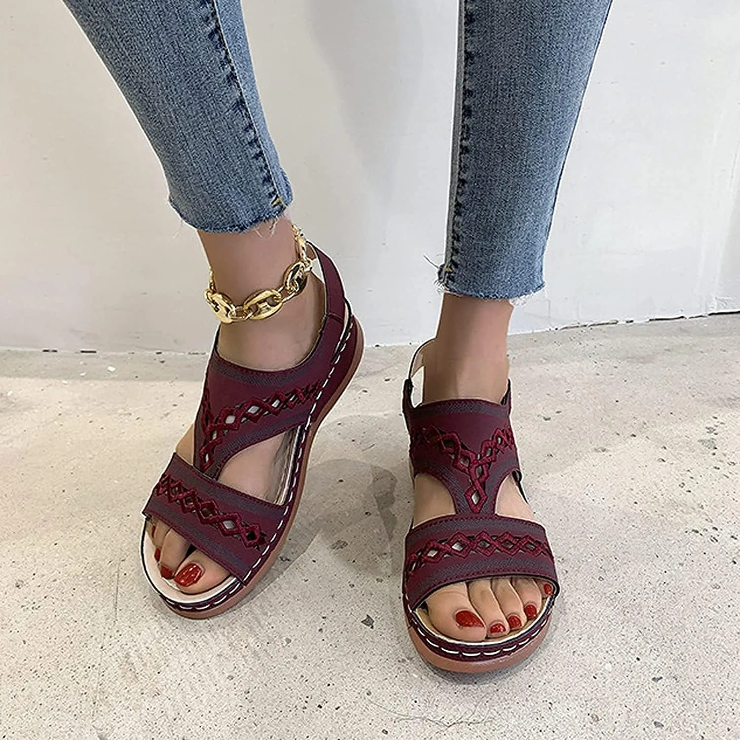 Sandals for Women Summer Open Toe Ankle Strap Platform Shoes Faux Leather Wedge Sandals Hollow Embroidered Comfy Beach Walking Shoes,Red,US5/EU36