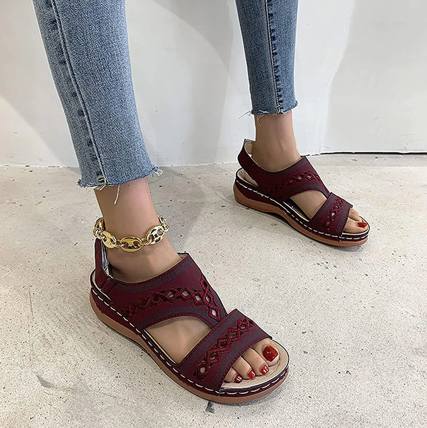 Sandals for Women Summer Open Toe Ankle Strap Platform Shoes Faux Leather Wedge Sandals Hollow Embroidered Comfy Beach Walking Shoes,Red,US5/EU36