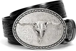SANSTHS Western Belt Cowboy Belts for Men Women, Western Leather Belts Bull Buckle Belt Embossed Leather Belt for Jeans