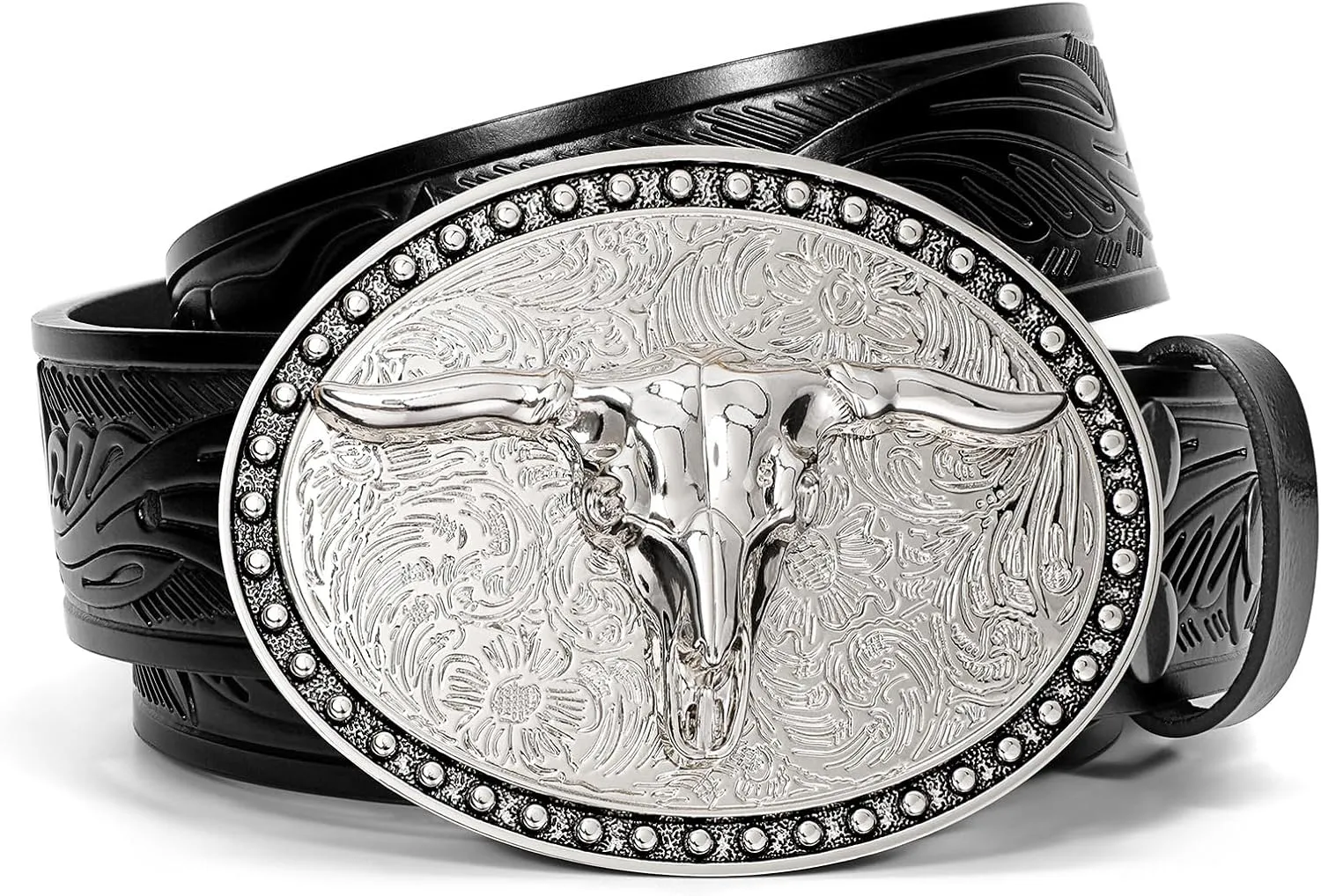 SANSTHS Western Belt Cowboy Belts for Men Women, Western Leather Belts Bull Buckle Belt Embossed Leather Belt for Jeans