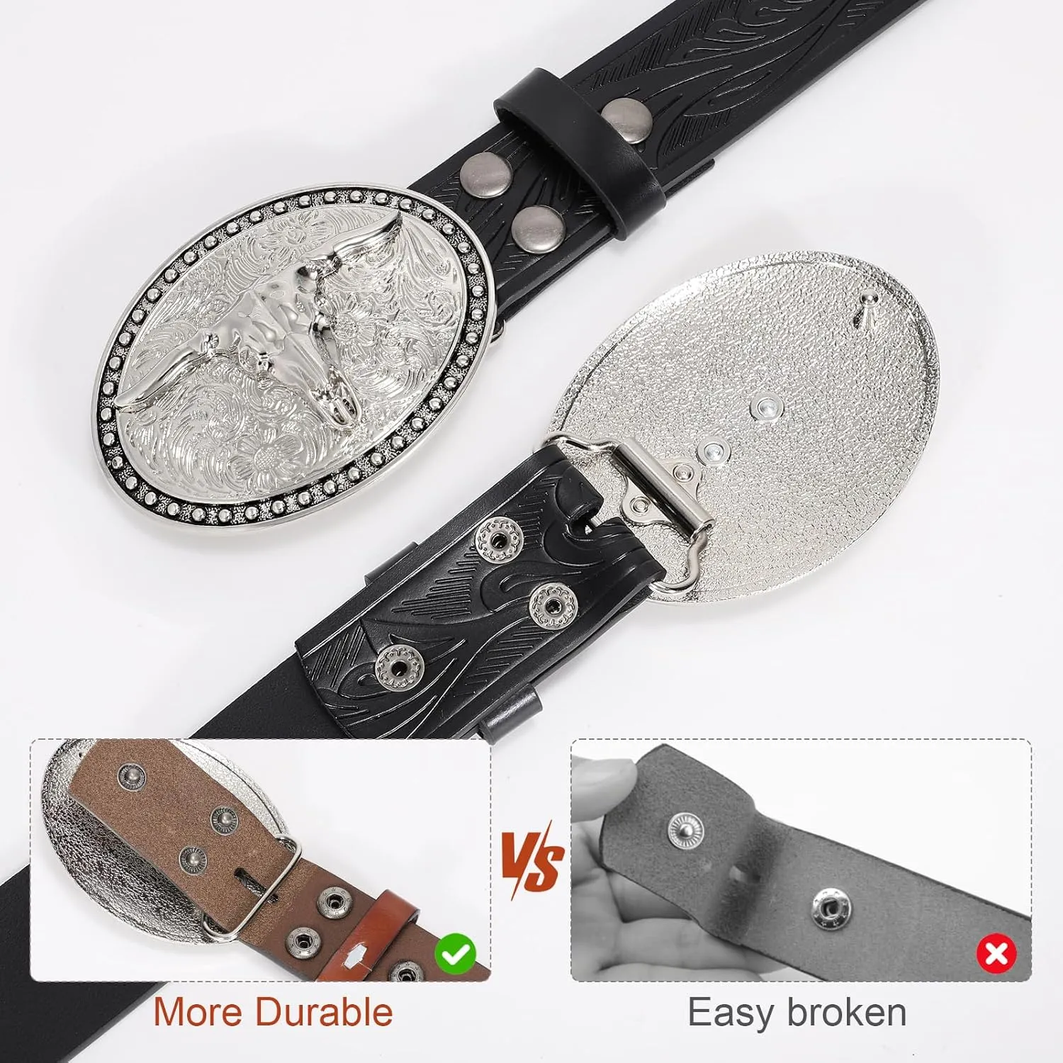 SANSTHS Western Belt Cowboy Belts for Men Women, Western Leather Belts Bull Buckle Belt Embossed Leather Belt for Jeans