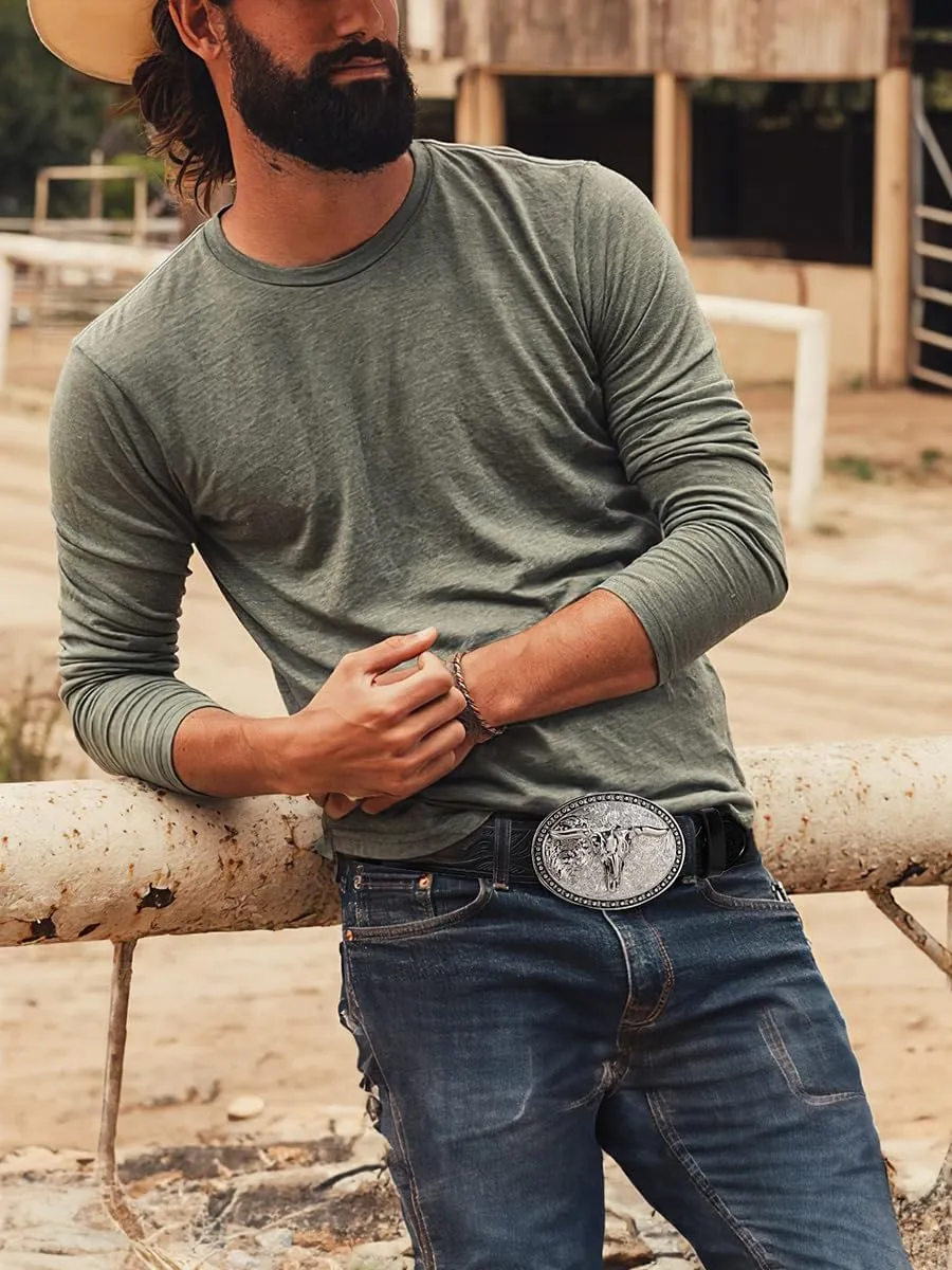 SANSTHS Western Belt Cowboy Belts for Men Women, Western Leather Belts Bull Buckle Belt Embossed Leather Belt for Jeans