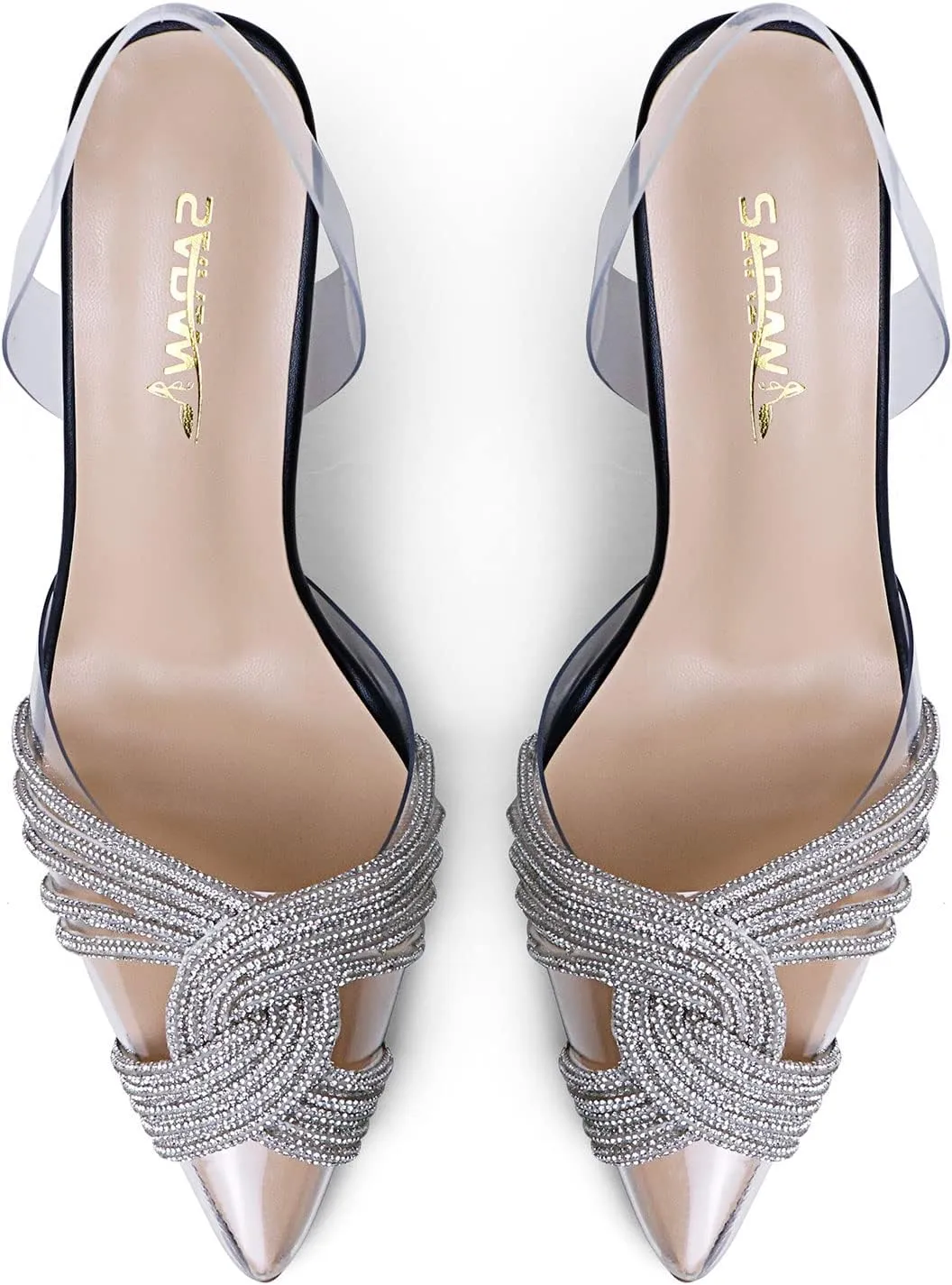 sarawill Women's Sexy Stiletto Pumps Pointed Toe Transparent PVC High Heels Crystal Rhinestones Slingback Party Wedding Shoes for Ladies Fashion