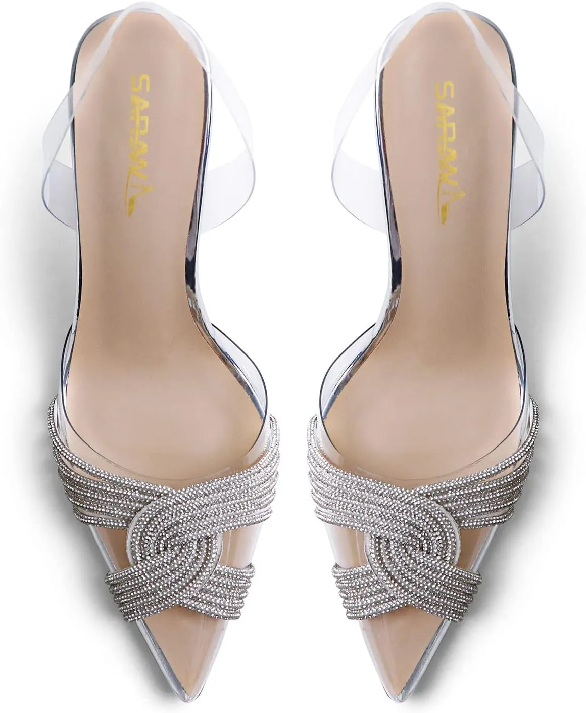 sarawill Women's Sexy Stiletto Pumps Pointed Toe Transparent PVC High Heels Crystal Rhinestones Slingback Party Wedding Shoes for Ladies Fashion