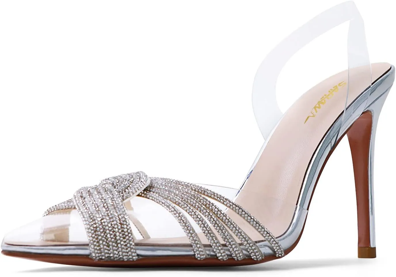 sarawill Women's Sexy Stiletto Pumps Pointed Toe Transparent PVC High Heels Crystal Rhinestones Slingback Party Wedding Shoes for Ladies Fashion