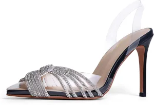 sarawill Women's Sexy Stiletto Pumps Pointed Toe Transparent PVC High Heels Crystal Rhinestones Slingback Party Wedding Shoes for Ladies Fashion