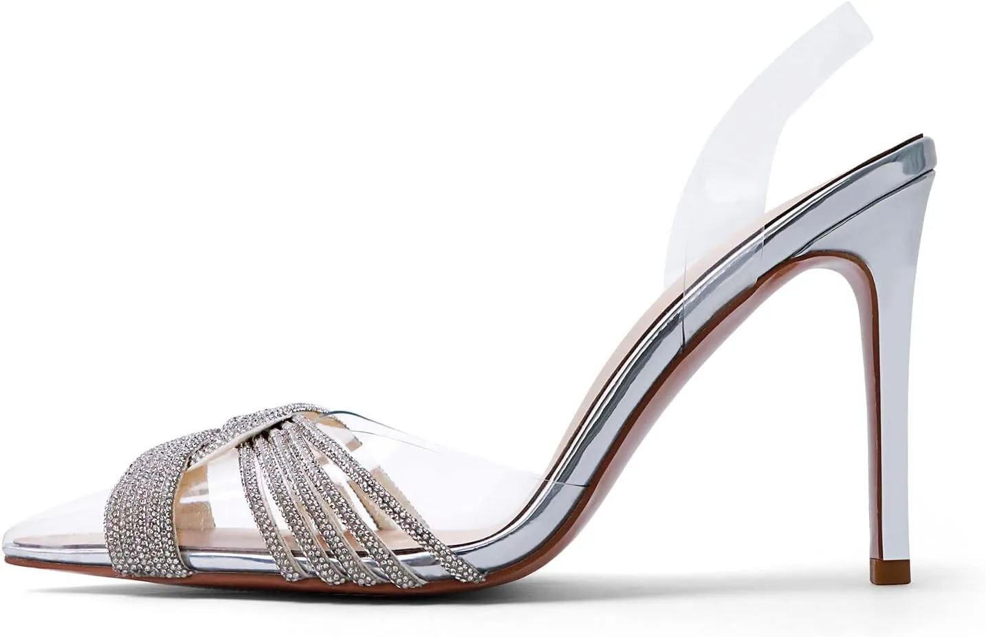 sarawill Women's Sexy Stiletto Pumps Pointed Toe Transparent PVC High Heels Crystal Rhinestones Slingback Party Wedding Shoes for Ladies Fashion