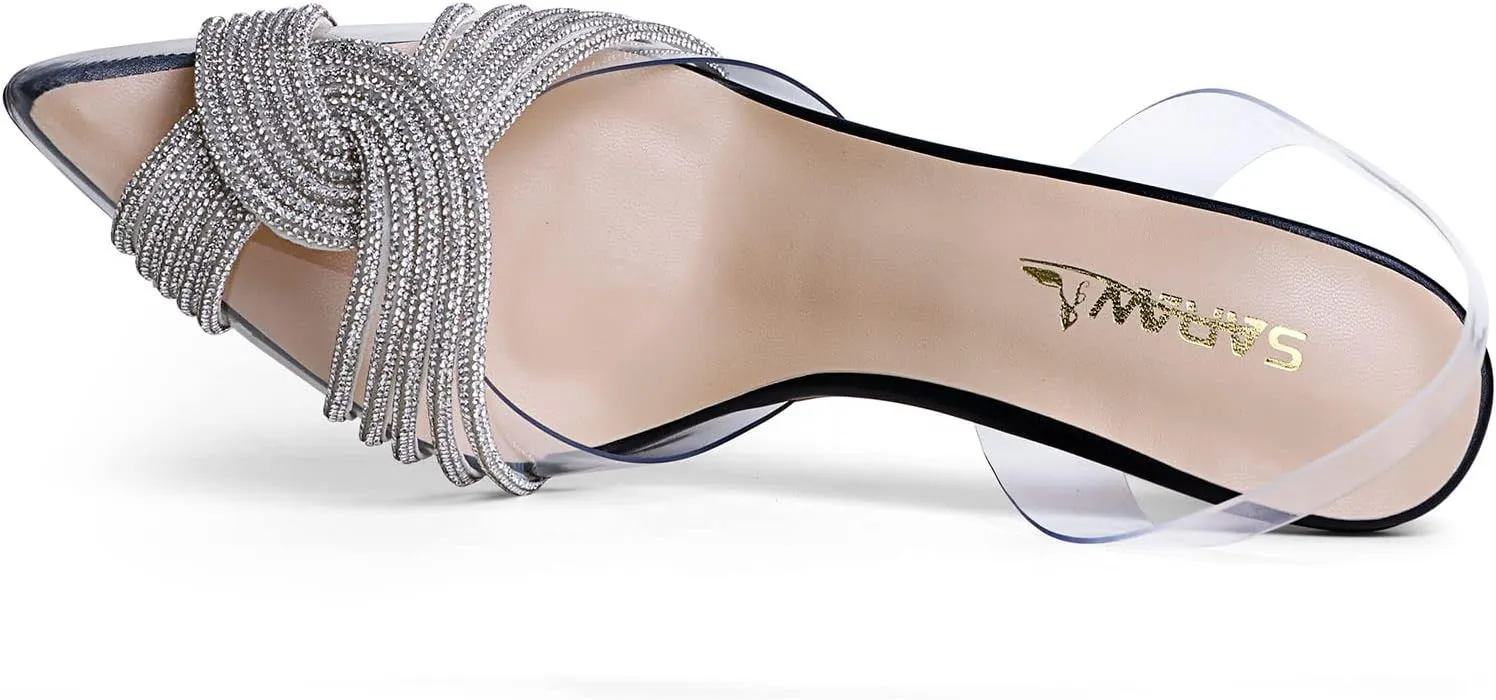 sarawill Women's Sexy Stiletto Pumps Pointed Toe Transparent PVC High Heels Crystal Rhinestones Slingback Party Wedding Shoes for Ladies Fashion