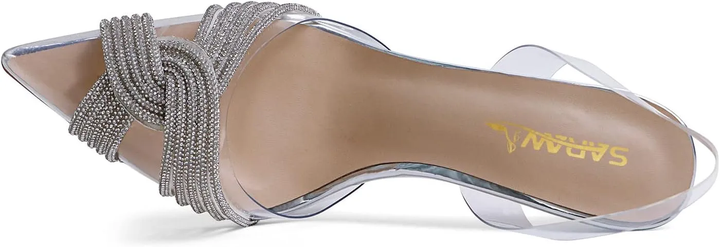 sarawill Women's Sexy Stiletto Pumps Pointed Toe Transparent PVC High Heels Crystal Rhinestones Slingback Party Wedding Shoes for Ladies Fashion