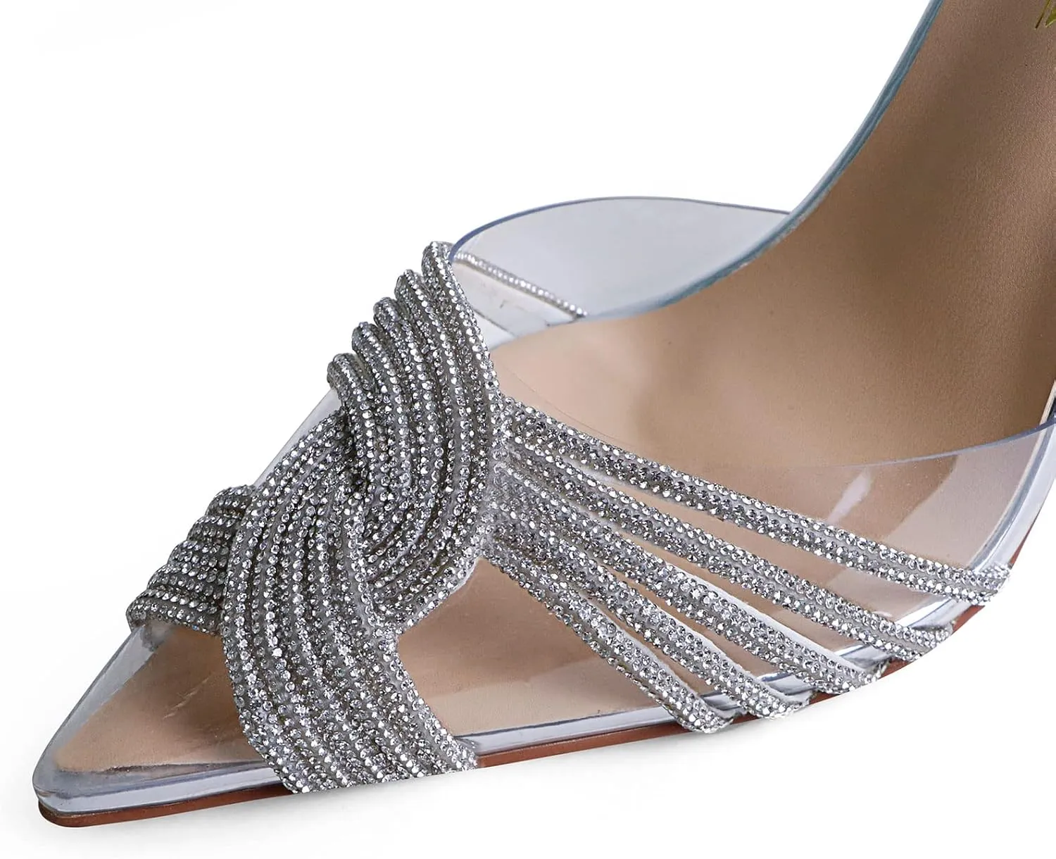 sarawill Women's Sexy Stiletto Pumps Pointed Toe Transparent PVC High Heels Crystal Rhinestones Slingback Party Wedding Shoes for Ladies Fashion