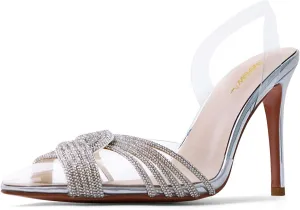 sarawill Women's Sexy Stiletto Pumps Pointed Toe Transparent PVC High Heels Crystal Rhinestones Slingback Party Wedding Shoes for Ladies Fashion