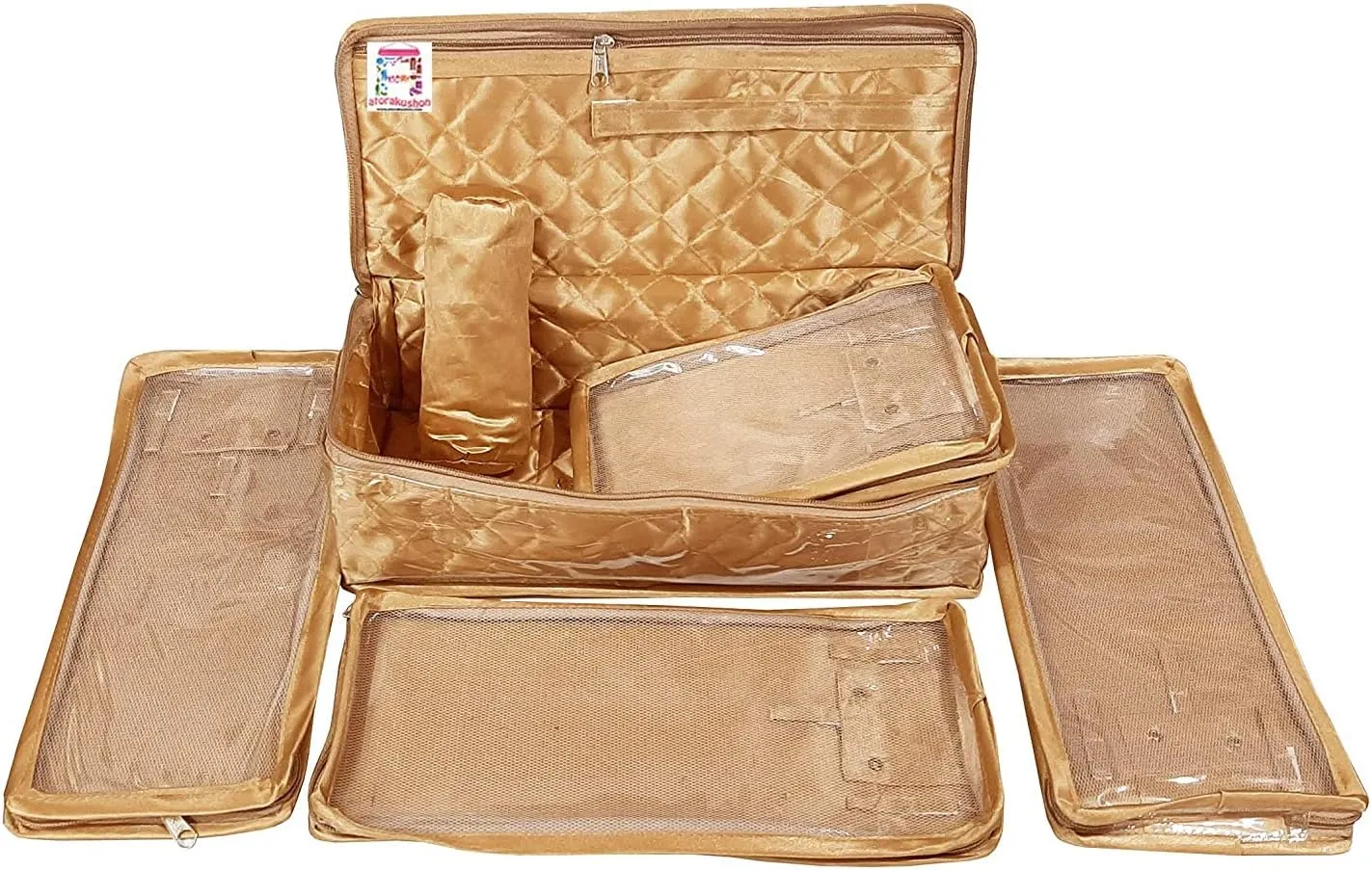 Satin Golden Make-Up Pouch Jewellery Box 4 Pouch 1 roll Bangle in Cosmetic Bag Necklace Earrings Vanity Jewellery Organiser For Women's