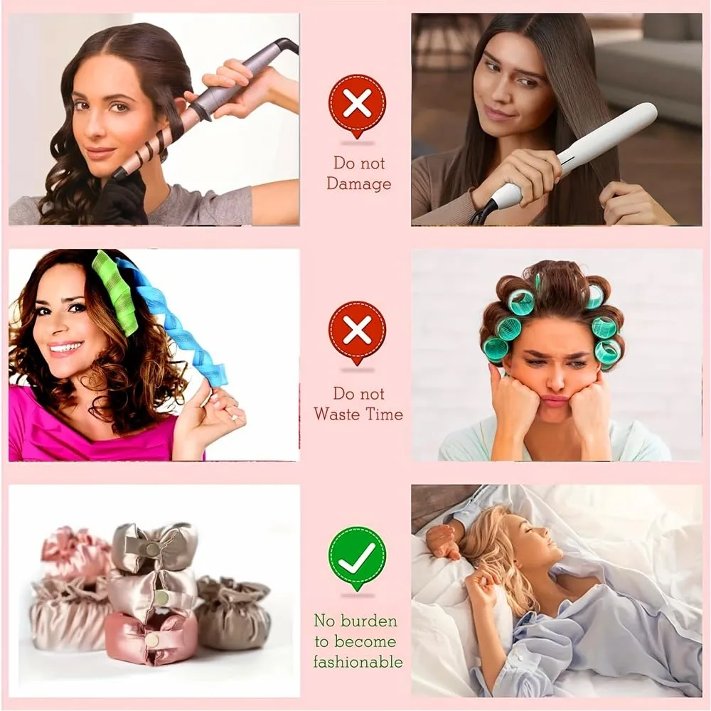 Satin Heatless Hair Curler 3 Sets, Heatless Curls for All Hair Types with Hair Caps, No Heat Curlers to Sleep In