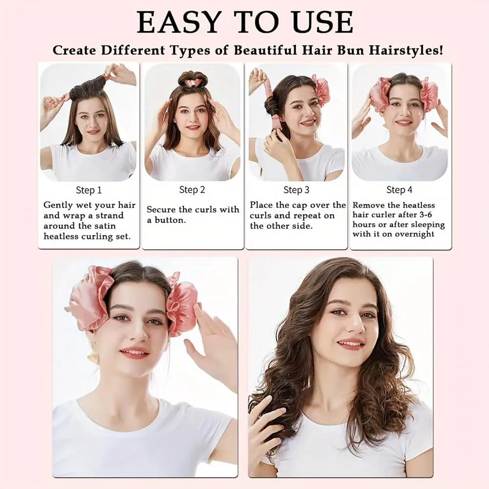 Satin Heatless Hair Curler 3 Sets, Heatless Curls for All Hair Types with Hair Caps, No Heat Curlers to Sleep In