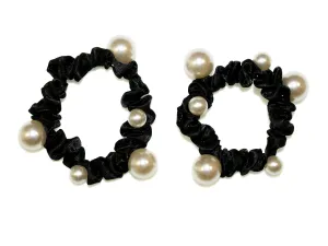 Satin Pearl Thin Scrunchie Pair - Black/Pearl