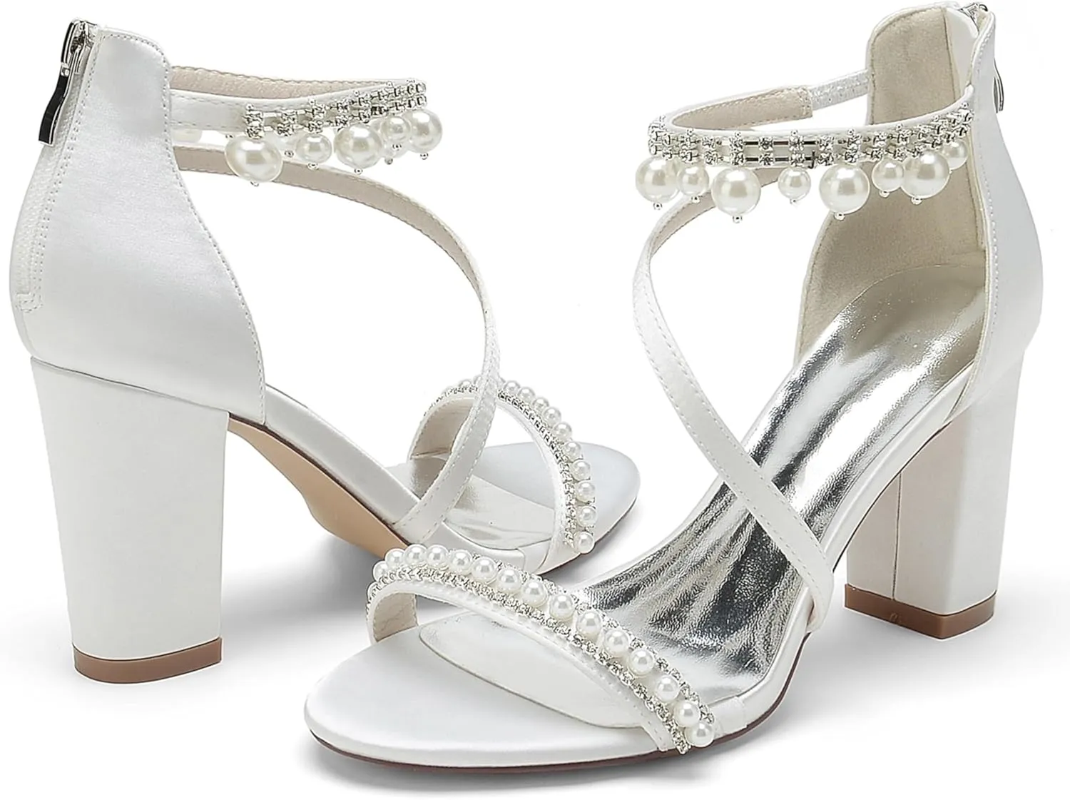 Satin Pearls Block Heel Wedding Shoes for Bride Open Toe Zipper Back Women Chunky Heels Formal Party Dress Heeled Sandals 8.5Cm