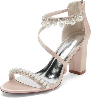 Satin Pearls Block Heel Wedding Shoes for Bride Open Toe Zipper Back Women Chunky Heels Formal Party Dress Heeled Sandals 8.5Cm